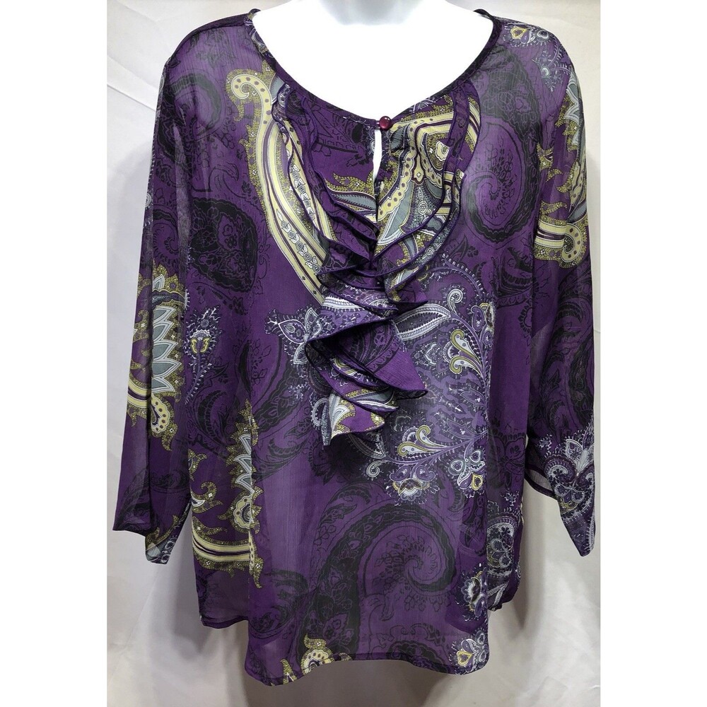 Susan Graver Chiffon Top L Purple Geo Ruffles 3/4 sleeve Career Whimsigoth Fairy